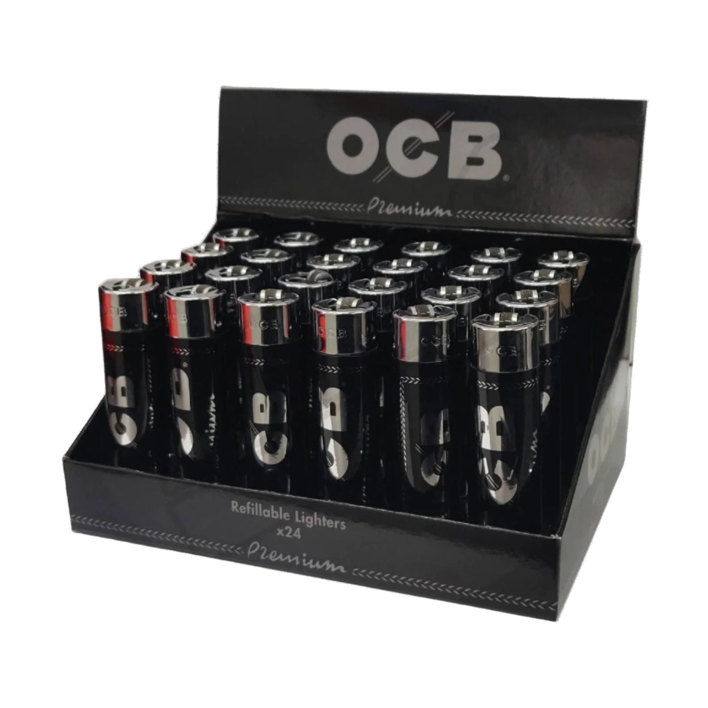 OCB - Flint Refillable Lighters - Tray Of 24 - BLACK EDITION - OCBLIGHTER-BLK