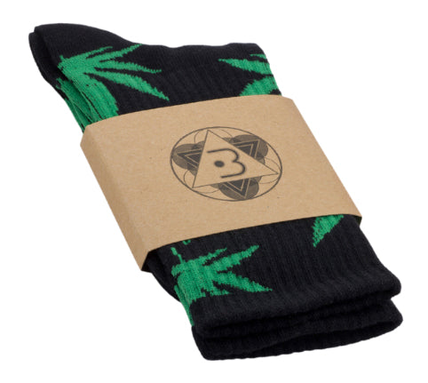 Socks 80% cotton Black Green Leaf