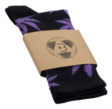 Socks 80% cotton Black Purple Leaf
