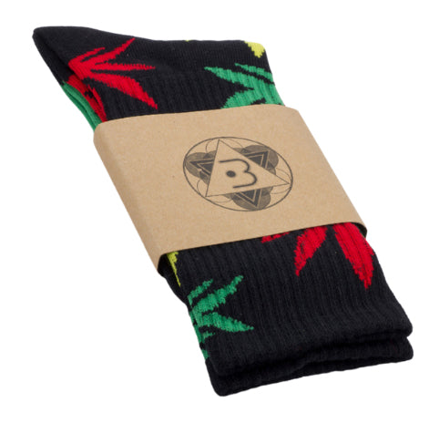 Socks 80% cotton Black Rasta Leaf