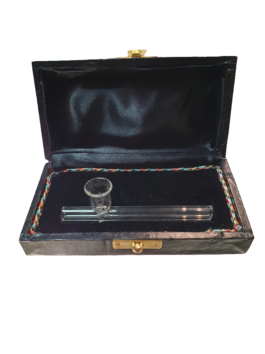 Clear Shotgun Pipe in Black Leather Case Size: 10cm x 100mm circ 10cm