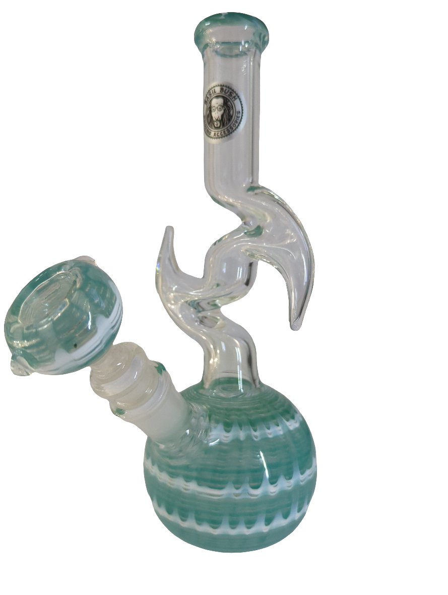 Basil Bush Glass Bong with Intricate Neck work 22cm Turquoise & White