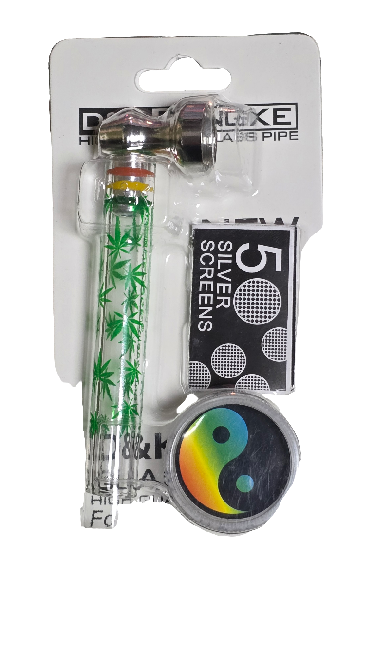 D&K Glass Pipe With 2-Part Plastic Handmuller with Leaf Set