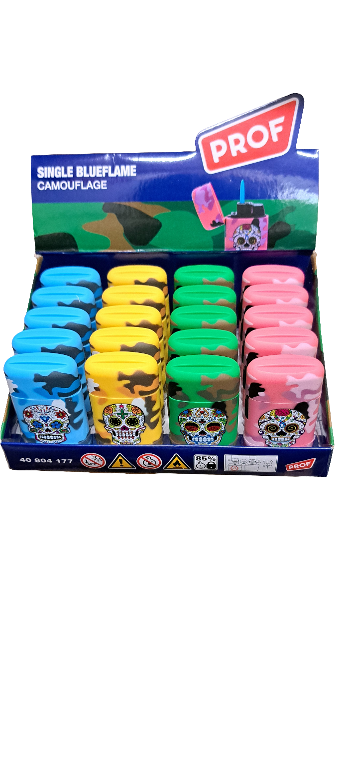 PROF Blue Jet Flame Camouflage Candy Skull Design Refillable Lighters - Assorted