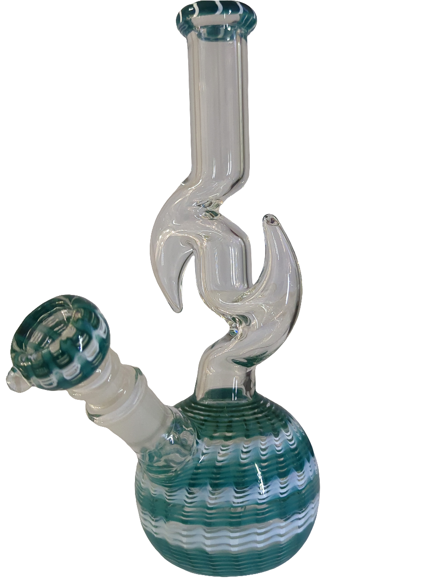 Basil Bush Glass Bong with Intricate Neck work 22cm Green & White
