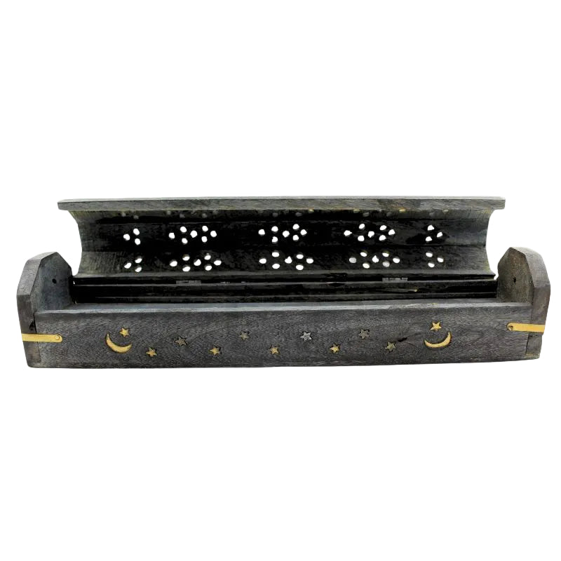 Wooden Incense Ash Catcher With Black Storage - Moon/Star Brass Inlay 12 Inch
