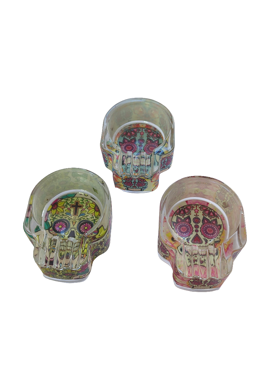 6 x HoneyPuff Reggae Skull Mixed Design Glass Ashtrays - ASH114-HP - Skull Shaped