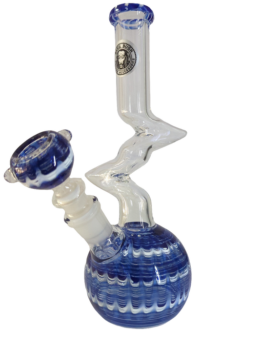 Basil Bush Glass Bong with Intricate Neck work 22cm Blue & White