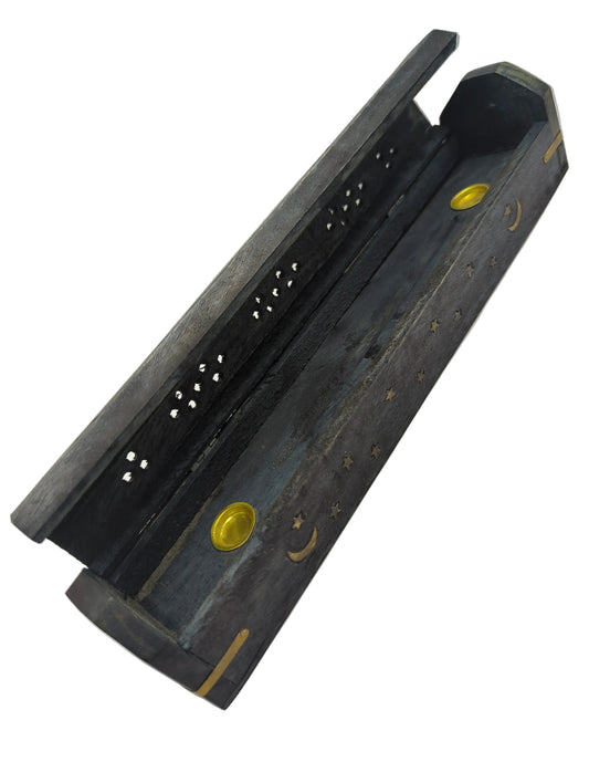 Wooden Incense Ash Catcher With Black Storage - Moon/Star Brass Inlay 12 Inch