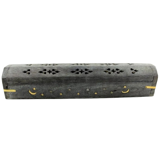 Wooden Incense Ash Catcher With Black Storage - Moon/Star Brass Inlay 12 Inch