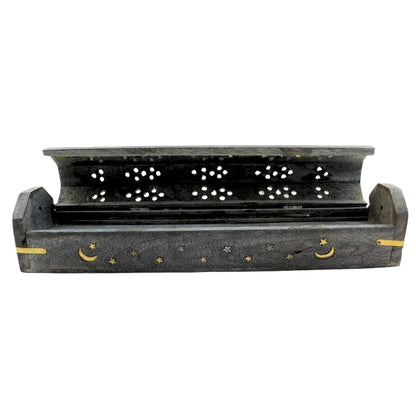 Wooden Incense Ash Catcher With Black Storage - Moon/Star Brass Inlay 12 Inch